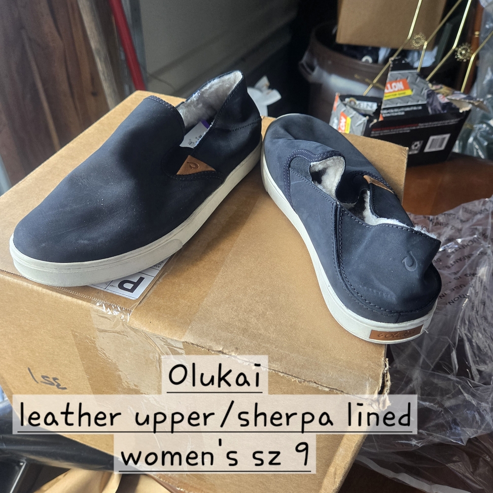 OluKai Charcoal Grey Leather Slip-On Sneakers
